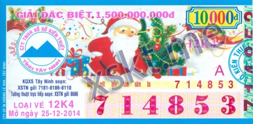 Mẫu vé sô xổ số Tây Ninh ngày 25/12/2014