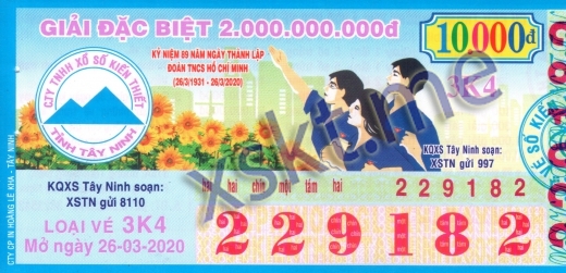 Mẫu vé sô xổ số Tây Ninh ngày 26/3/2020