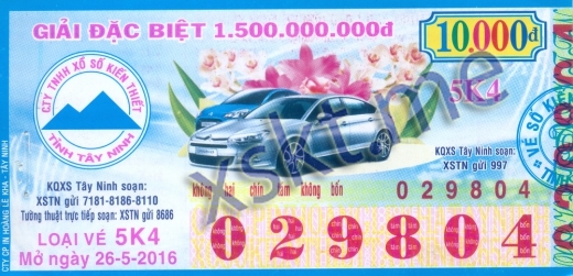 Mẫu vé sô xổ số Tây Ninh ngày 26/5/2016
