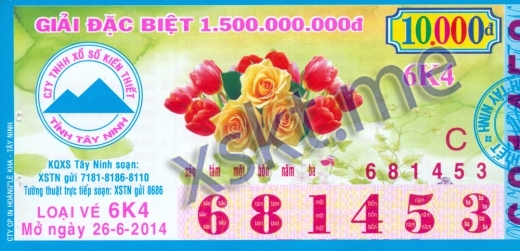 Mẫu vé sô xổ số Tây Ninh ngày 26/6/2014