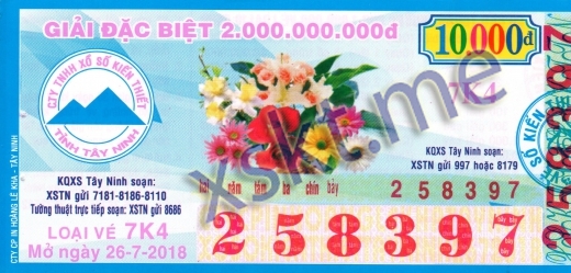 Mẫu vé sô xổ số Tây Ninh ngày 26/7/2018