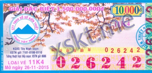 Mẫu vé sô xổ số Tây Ninh ngày 26/11/2015