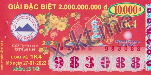 Mẫu vé sô xổ số Tây Ninh ngày 27/1/2022