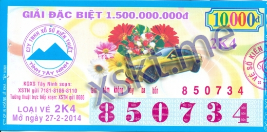 Mẫu vé sô xổ số Tây Ninh ngày 27/2/2014