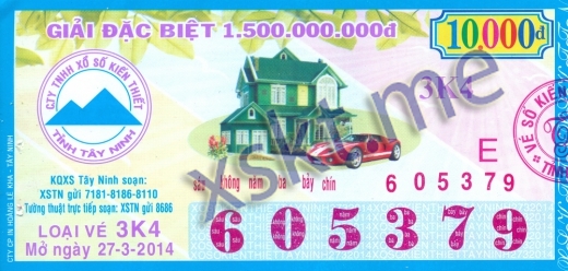 Mẫu vé sô xổ số Tây Ninh ngày 27/3/2014
