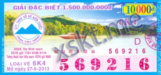 Mẫu vé sô xổ số Tây Ninh ngày 27/6/2013