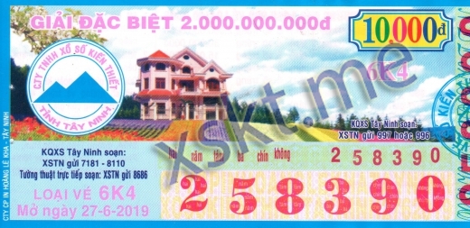Mẫu vé sô xổ số Tây Ninh ngày 27/6/2019