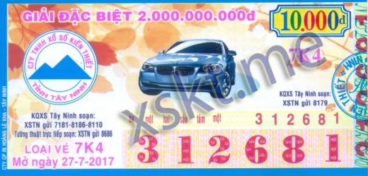 Mẫu vé sô xổ số Tây Ninh ngày 27/7/2017
