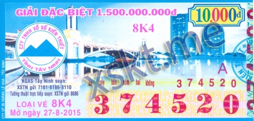 Mẫu vé sô xổ số Tây Ninh ngày 27/8/2015