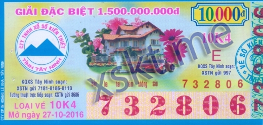 Mẫu vé sô xổ số Tây Ninh ngày 27/10/2016