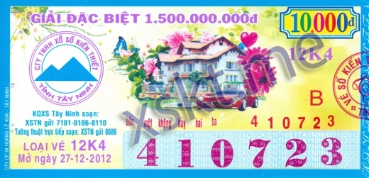 Mẫu vé sô xổ số Tây Ninh ngày 27/12/2012