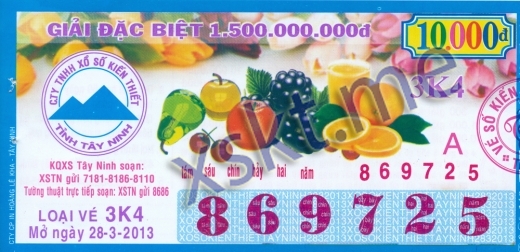 Mẫu vé sô xổ số Tây Ninh ngày 28/3/2013