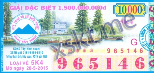 Mẫu vé sô xổ số Tây Ninh ngày 28/5/2015