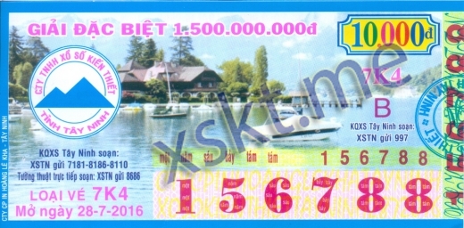 Mẫu vé sô xổ số Tây Ninh ngày 28/7/2016