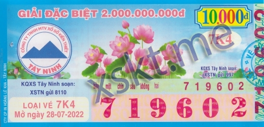 Mẫu vé sô xổ số Tây Ninh ngày 28/7/2022