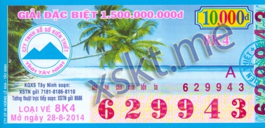 Mẫu vé sô xổ số Tây Ninh ngày 28/8/2014