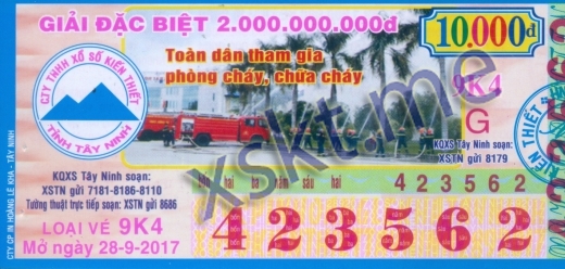 Mẫu vé sô xổ số Tây Ninh ngày 28/9/2017