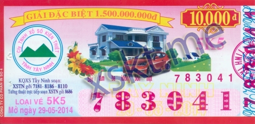 Mẫu vé sô xổ số Tây Ninh ngày 29/5/2014