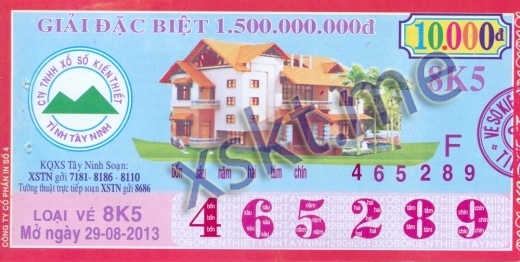 Mẫu vé sô xổ số Tây Ninh ngày 29/8/2013