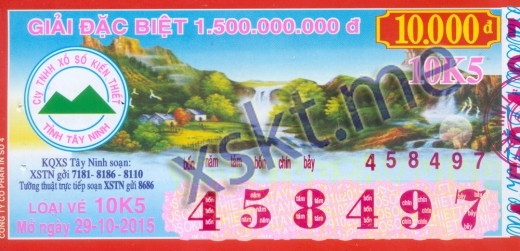 Mẫu vé sô xổ số Tây Ninh ngày 29/10/2015
