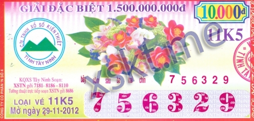 Mẫu vé sô xổ số Tây Ninh ngày 29/11/2012