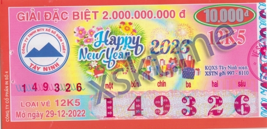 Mẫu vé sô xổ số Tây Ninh ngày 29/12/2022