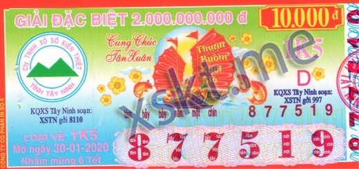 Mẫu vé sô xổ số Tây Ninh ngày 30/1/2020
