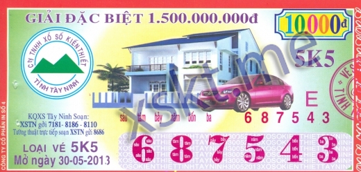 Mẫu vé sô xổ số Tây Ninh ngày 30/5/2013