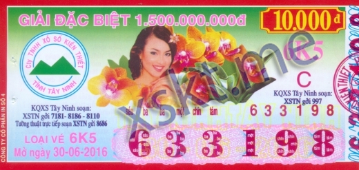 Mẫu vé sô xổ số Tây Ninh ngày 30/6/2016