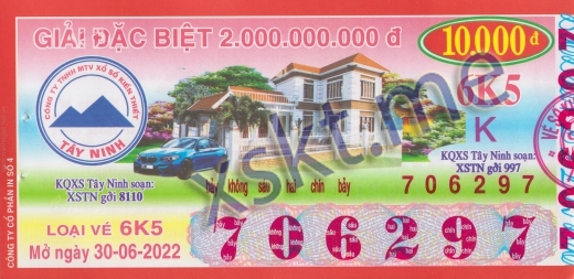 Mẫu vé sô xổ số Tây Ninh ngày 30/6/2022