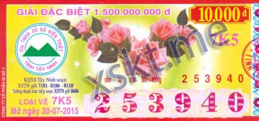 Mẫu vé sô xổ số Tây Ninh ngày 30/7/2015