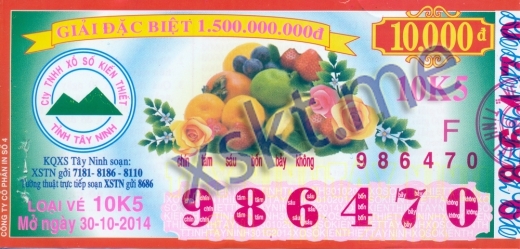 Mẫu vé sô xổ số Tây Ninh ngày 30/10/2014