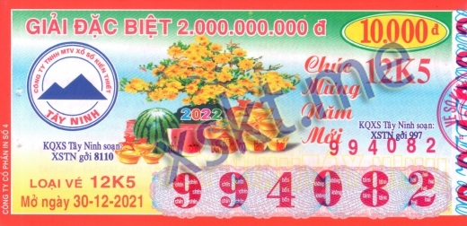 Mẫu vé sô xổ số Tây Ninh ngày 30/12/2021