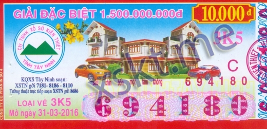Mẫu vé sô xổ số Tây Ninh ngày 31/3/2016