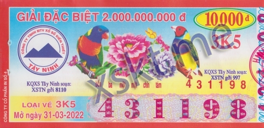 Mẫu vé sô xổ số Tây Ninh ngày 31/3/2022