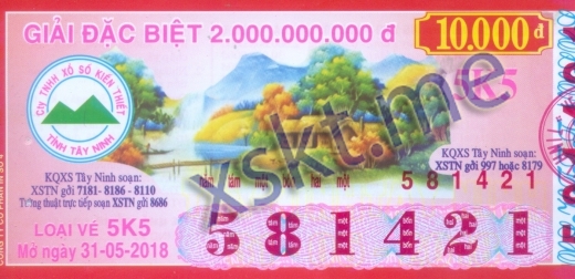 Mẫu vé sô xổ số Tây Ninh ngày 31/5/2018