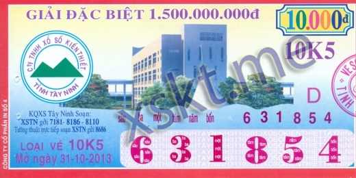 Mẫu vé sô xổ số Tây Ninh ngày 31/10/2013