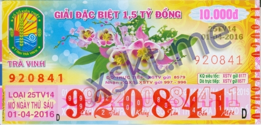 Mẫu vé sô xổ số Trà Vinh ngày 1/4/2016
