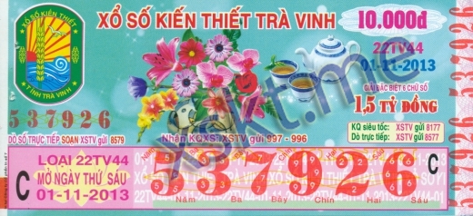 Mẫu vé sô xổ số Trà Vinh ngày 1/11/2013