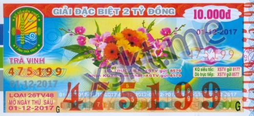 Mẫu vé sô xổ số Trà Vinh ngày 1/12/2017