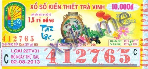 Mẫu vé sô xổ số Trà Vinh ngày 2/8/2013