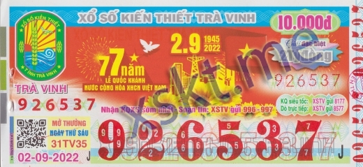 Mẫu vé sô xổ số Trà Vinh ngày 2/9/2022