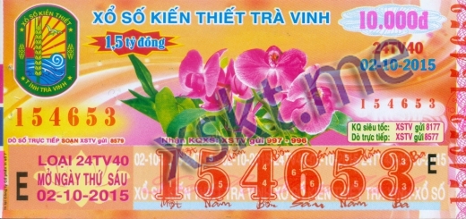 Mẫu vé sô xổ số Trà Vinh ngày 2/10/2015