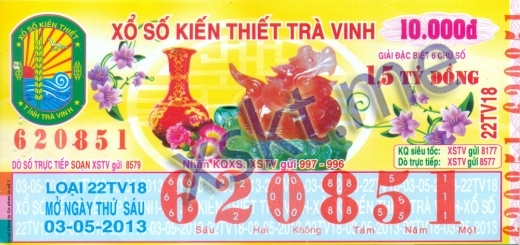 Mẫu vé sô xổ số Trà Vinh ngày 3/5/2013