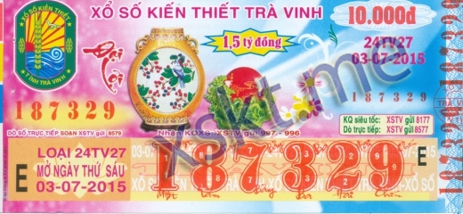 Mẫu vé sô xổ số Trà Vinh ngày 3/7/2015