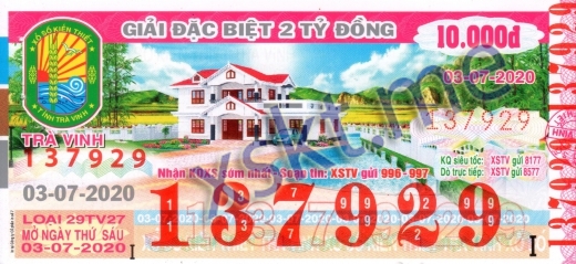 Mẫu vé sô xổ số Trà Vinh ngày 3/7/2020