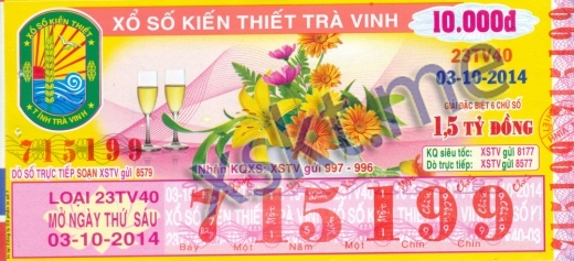 Mẫu vé sô xổ số Trà Vinh ngày 3/10/2014