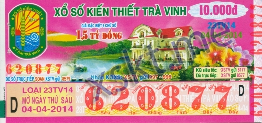 Mẫu vé sô xổ số Trà Vinh ngày 4/4/2014