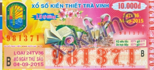 Mẫu vé sô xổ số Trà Vinh ngày 4/9/2015