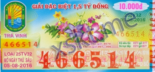 Mẫu vé sô xổ số Trà Vinh ngày 5/8/2016